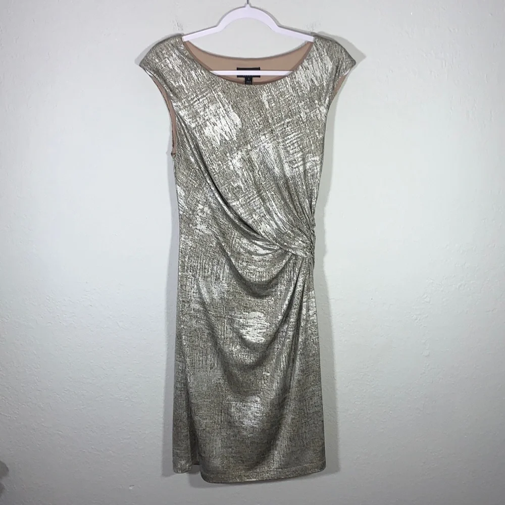 Connected Apparel Metallic Gold Faux Wrap Midi Dress Size 8 Holiday Party